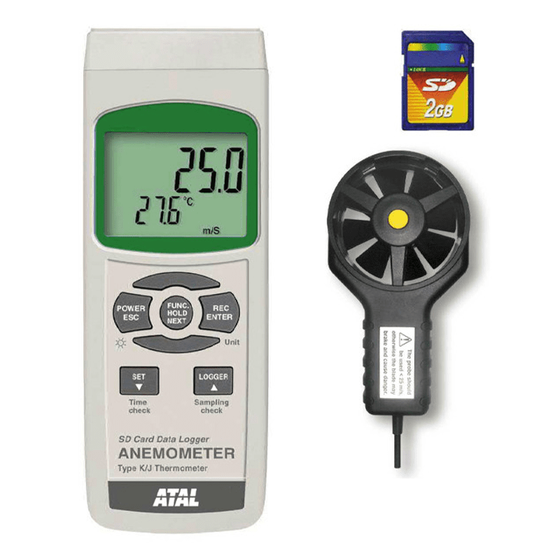 SD-AMx4207 Vleugelrad anemometer voor luchtsnelheid en temperatuur met datalogger op SD kaart