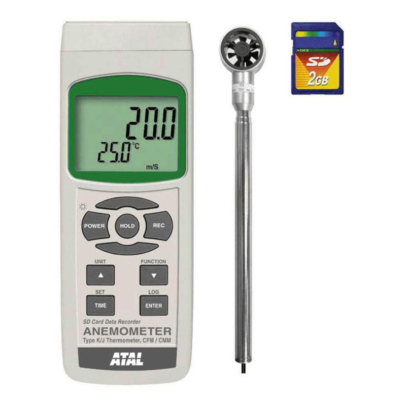 SD-AMx4233 Vleugelrad anemometer voor luchtsnelheid en temperatuur met datalogger op SD kaart