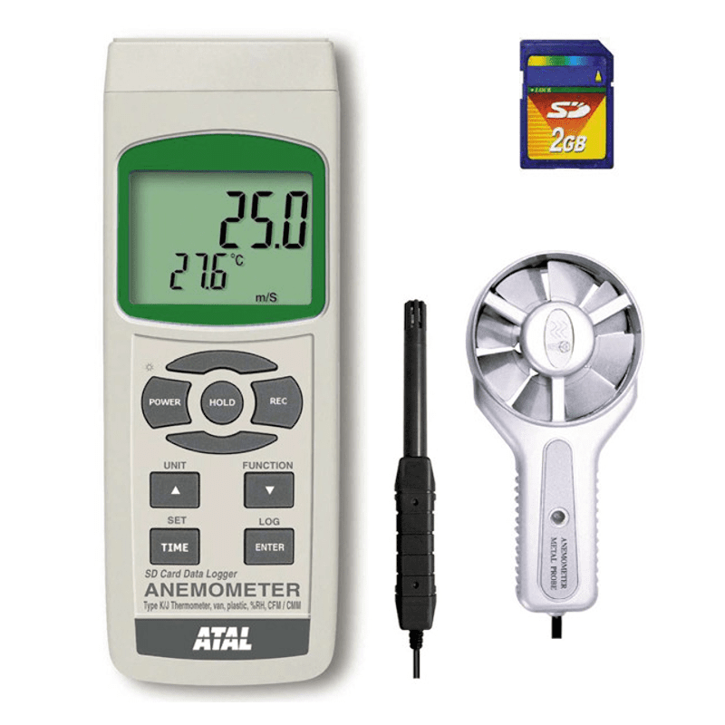 SD-AMx4247 Vleugelrad anemometer voor luchtsnelheid, temperatuur en RV met datalogger op SD kaart
