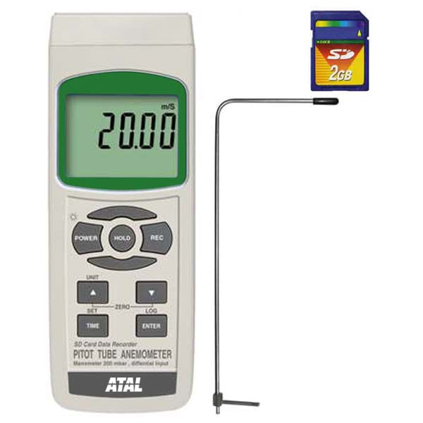 SD-PAMx9212 meter/ datalogger met SD kaart verschildruk, luchtsnelheid - pitot